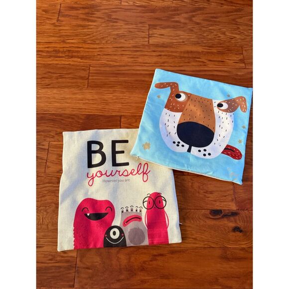 Cartoon Dog and “Be Yourself” Monster Pillow Covers 16”X16” 2 Pillow Cases - Picture 1 of 9